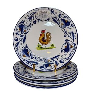 Set of 4 Nova Deruta Made In Italy Pottery Blue ROOSTER 8 3/4" Salad Plates New